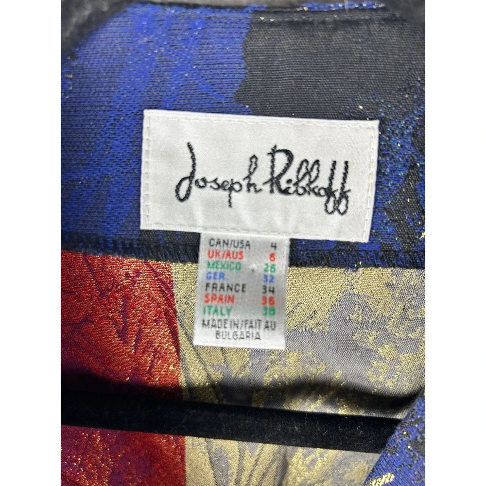 Joseph Ribkoff Metallic Abstract Art Jacquard Open Front Jacket Blue Gold Size 4